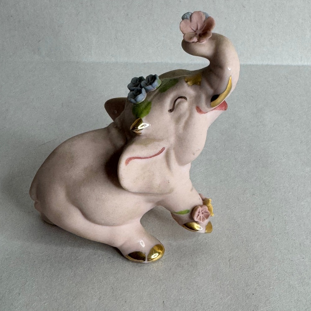 Vintage Pink Ceramic Elephant Figurine with‎ Flowers and Gold Accents